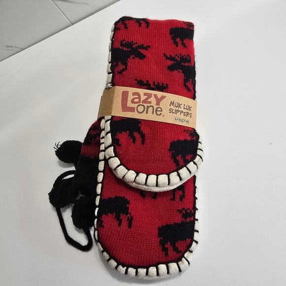 NWT MUK LUKS Women's Red Black "Reindeer" Moose SLIPPER SOCKS Size L/XL 7-9 - Picture 1 of 4